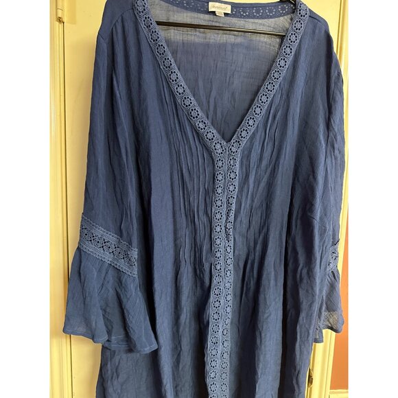 Blue Boho 30/32 Chic Eyelet Lace V-Neck Tunic Flowy Bell Sleeves & Intricate Tex - Picture 3 of 7